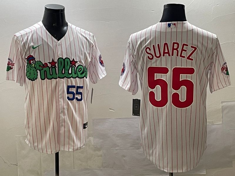 Men Philadelphia Phillies #55 Suarez White Stripe Three generations Joint Name Game 2025 Nike MLB Jersey style 3->philadelphia phillies->MLB Jersey